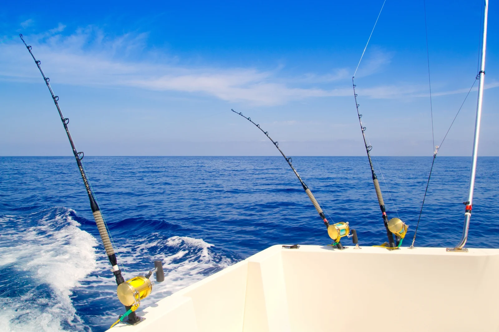 boat fishing trolling in deep blue sea with rods and reels 1767007858575