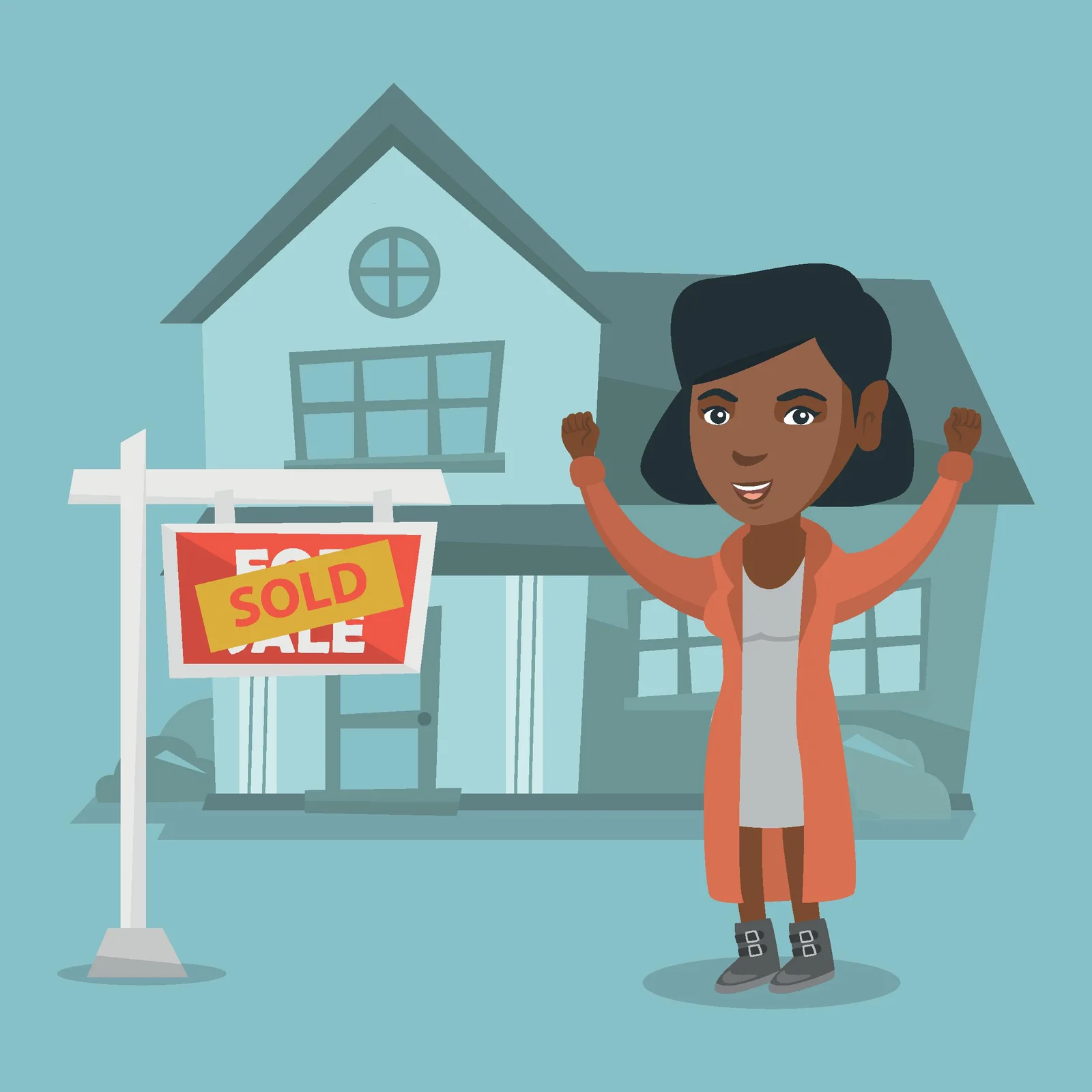 Real estate agent standing in front of sold real estate placard and house