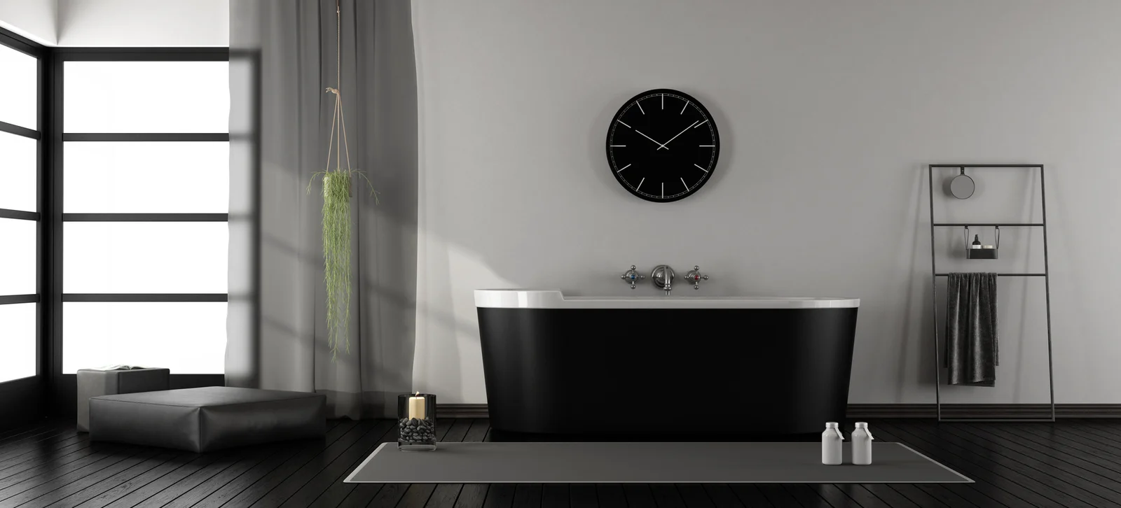 modern bathroom with black bathtub minimalist bathroom with modern black bathtub 3d rendering 1767014535656