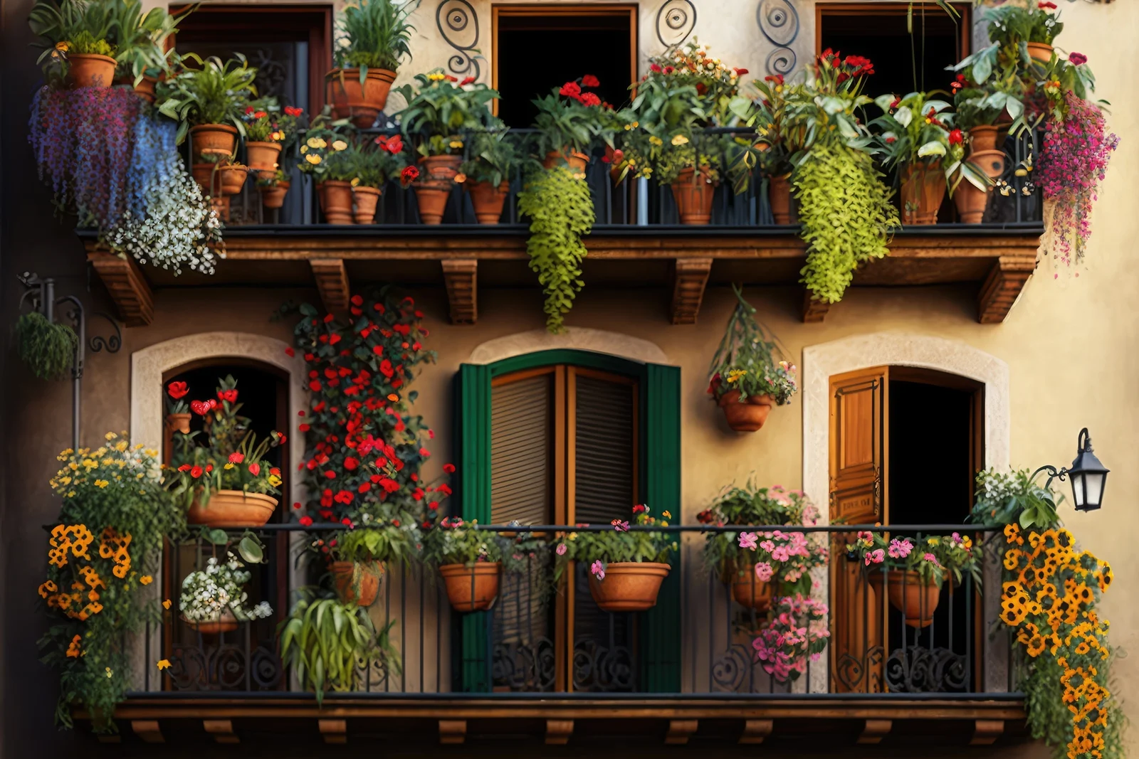 balcony with hanging pots of flowers in a vertical garden generative ai 1766998421402